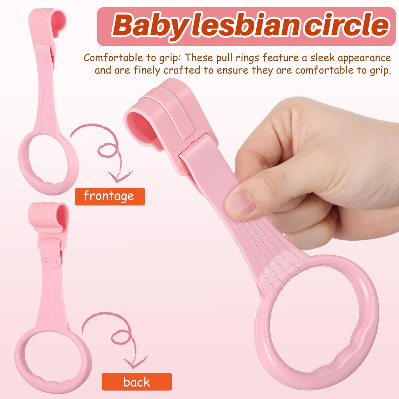 Close up of plastic pull up ring hook for crib attachment