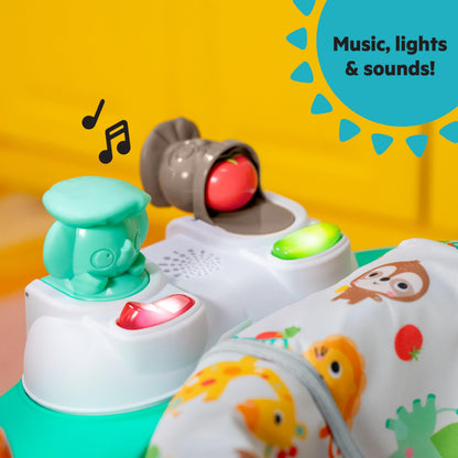 Close up of Bright Starts activity center food toy stations