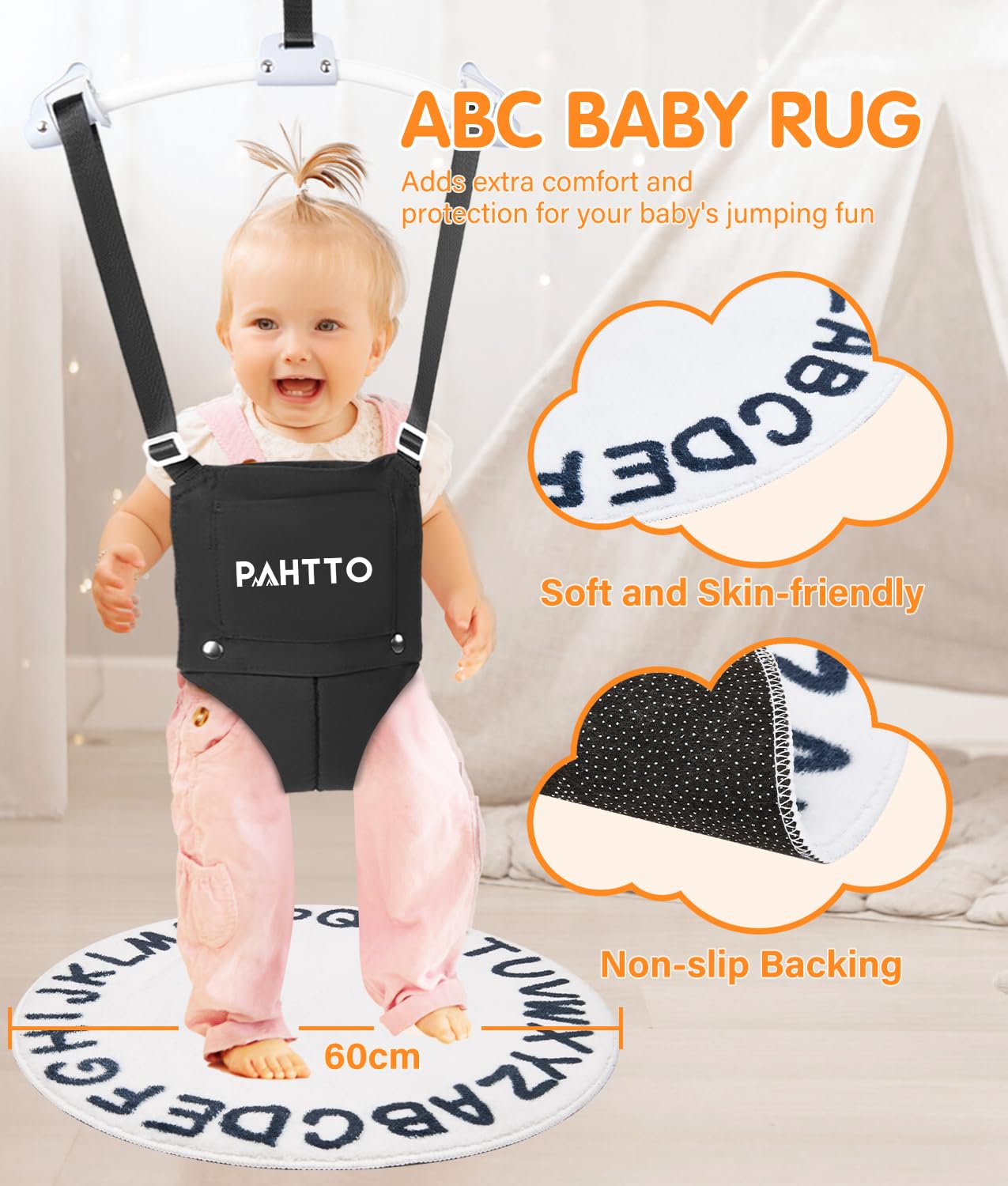 Side profile of Pahtto baby door jumper installation on door frame