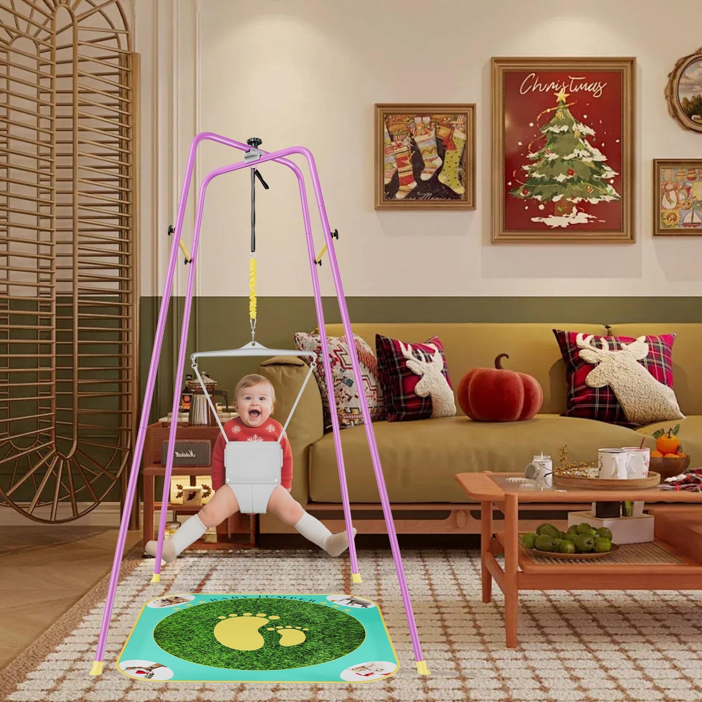 Side angle of height adjustable baby jumper with stand