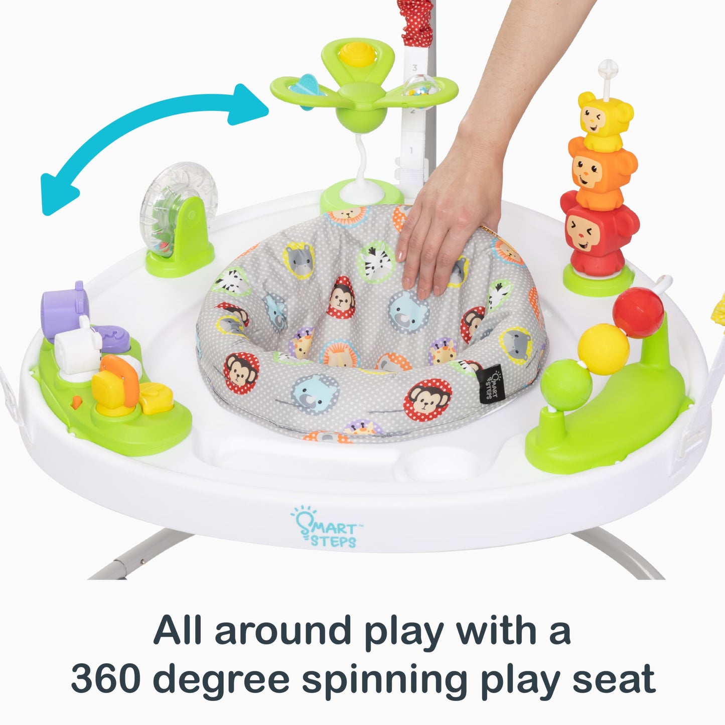 Safari Toss themed baby jumper featuring interactive STEM toys