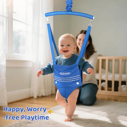 Infant using Slevoo blue baby jumper in a living room