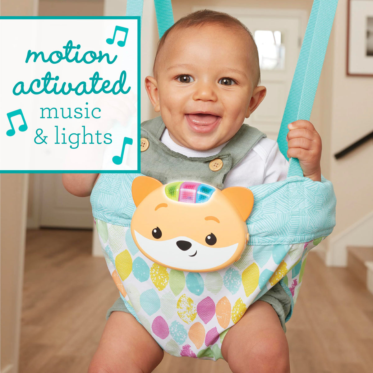 Infantino baby jumper showing adjustable height straps and frame clamp