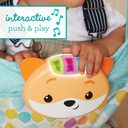 Close up of motion-activated fox toy on Infantino baby jumper