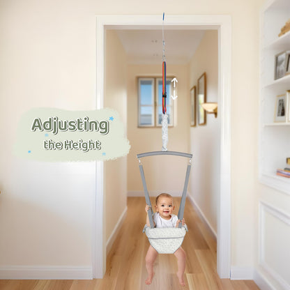 Baby using Slevoo doorway jumper showing proper height positioning