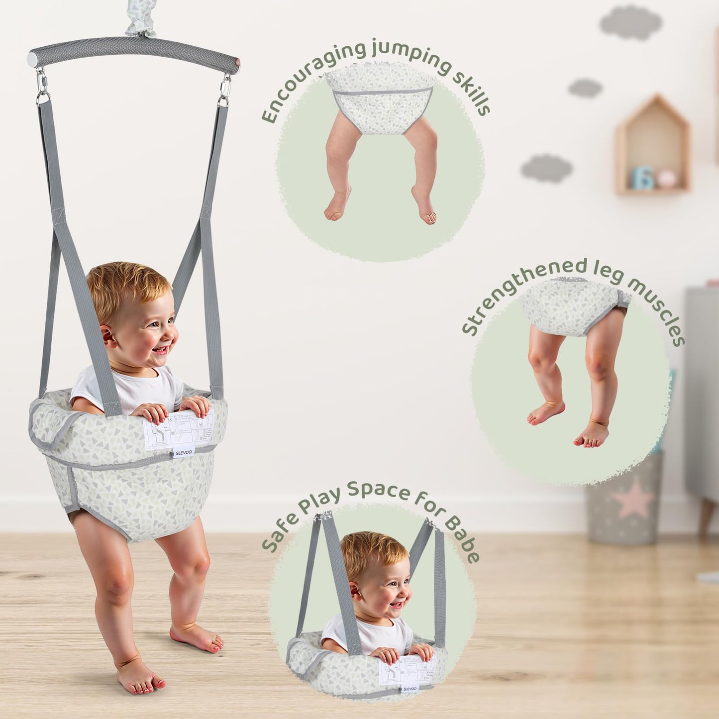 Top view of Slevoo baby jumper clamp attachment to door molding