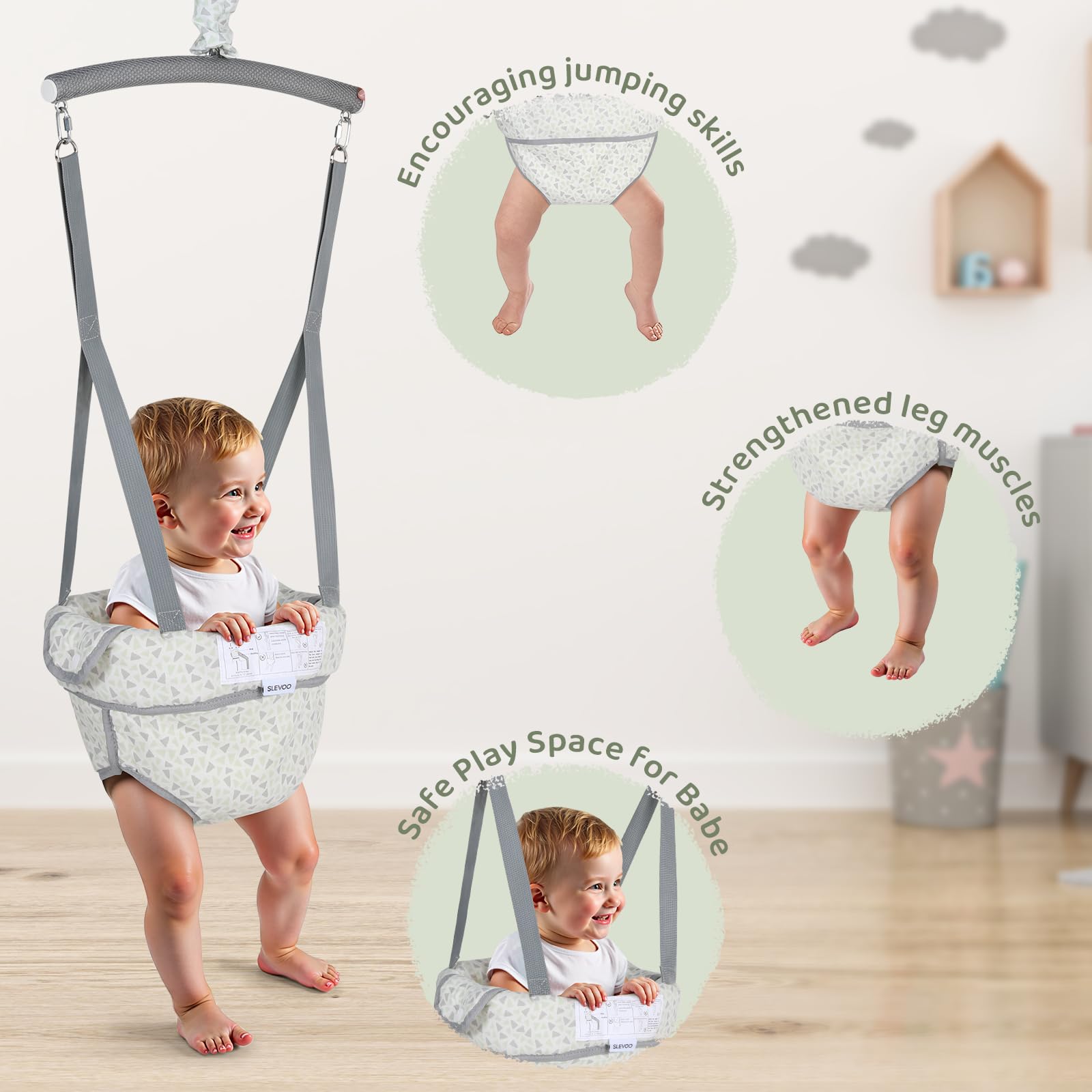 Top view of Slevoo baby jumper clamp attachment to door molding