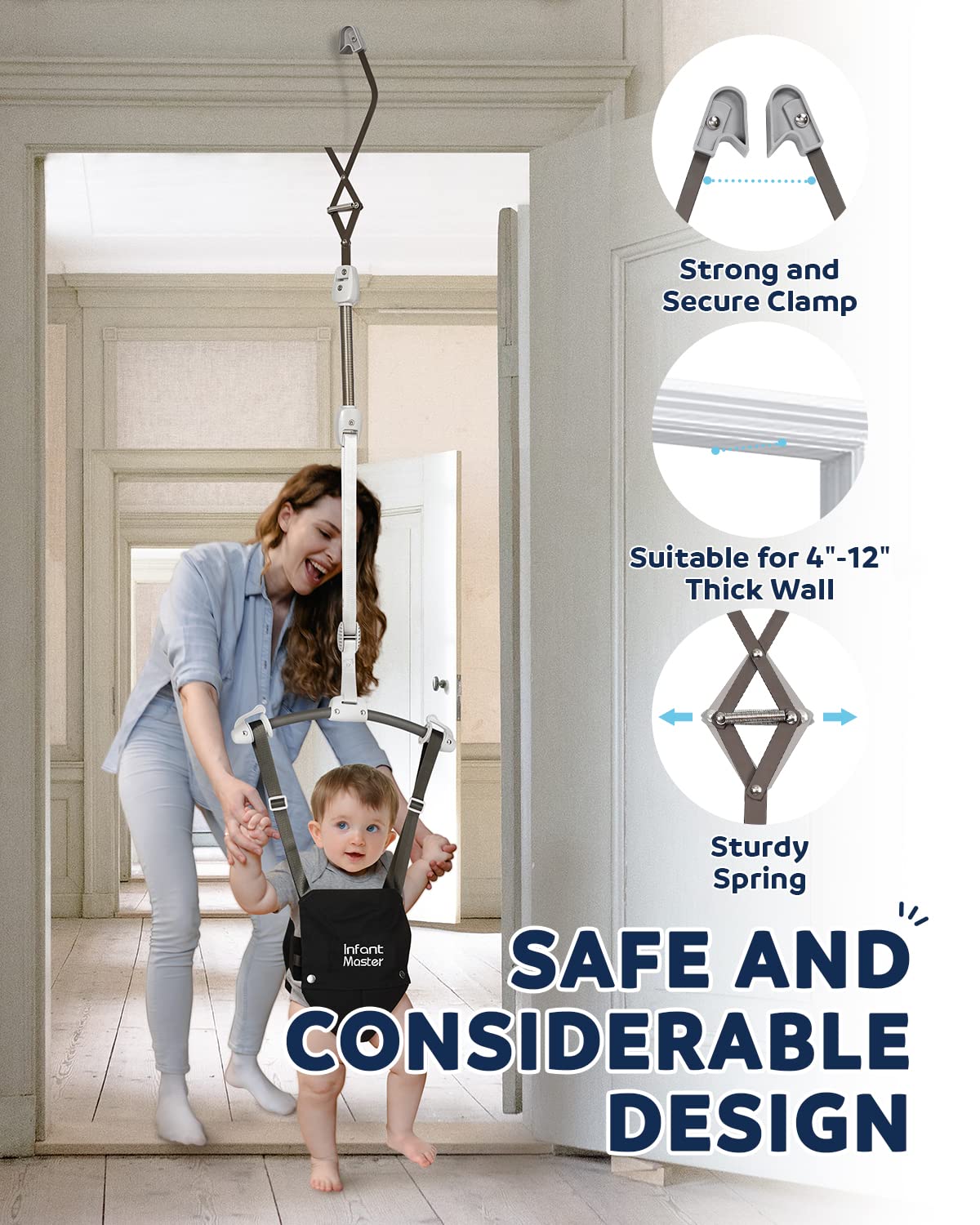 Baby using Infant Master doorway jumper for leg exercise