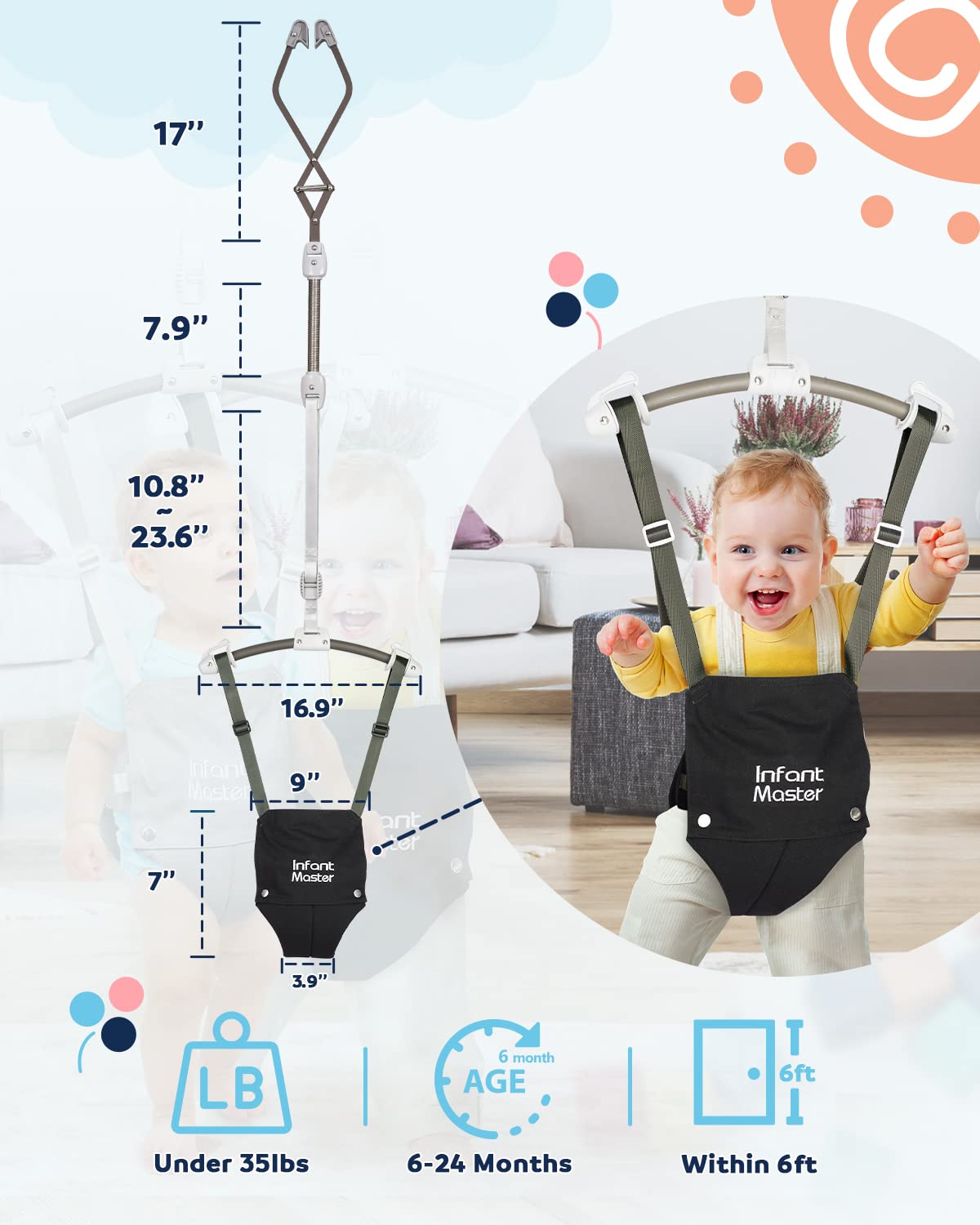 Close up of soft seat bag for Infant Master jumper