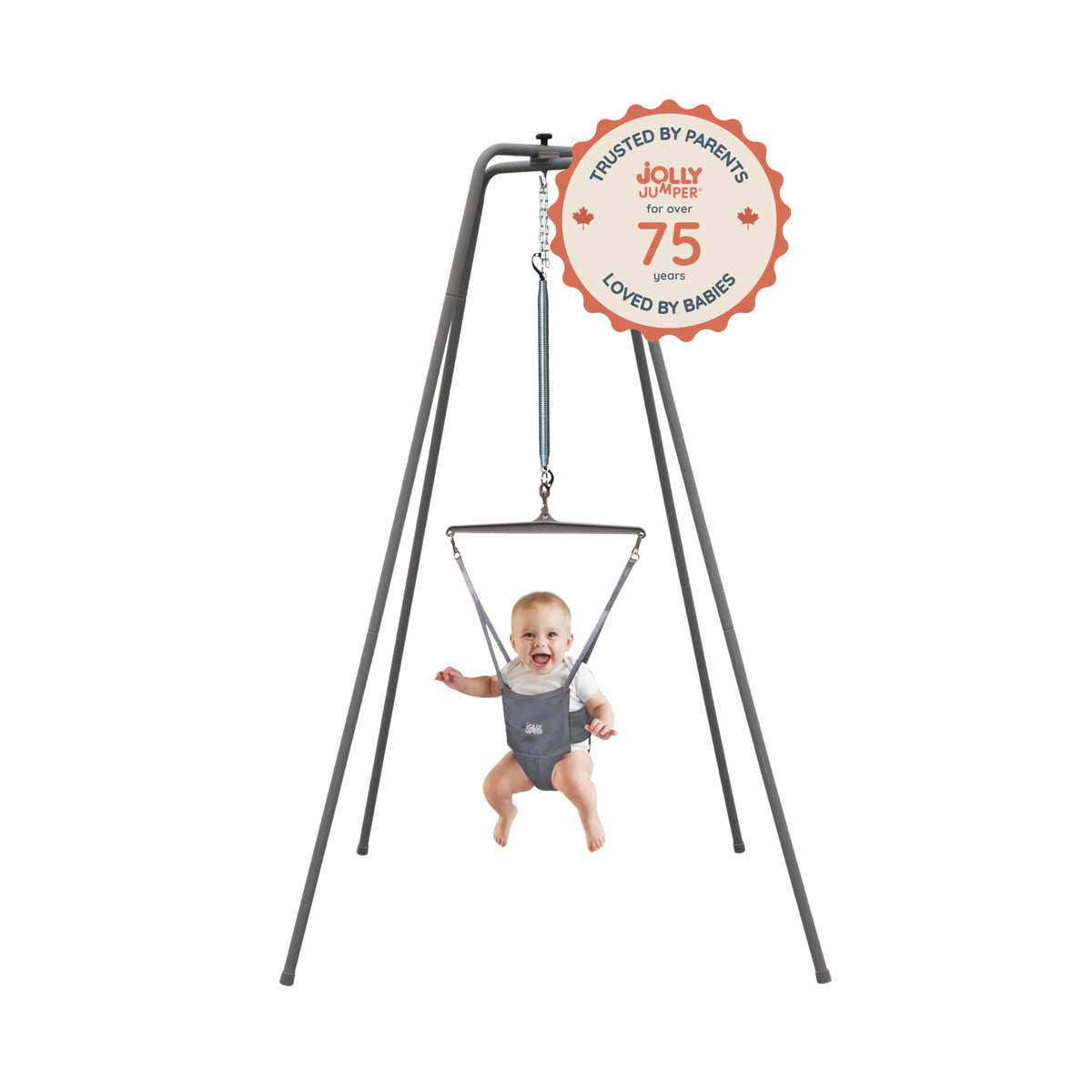 Jolly Jumper infant exerciser six foot tall steel stand lifestyle view