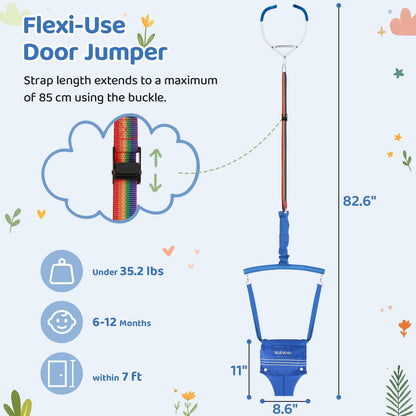 Slevoo doorway jumper adjustable strap and clamp mechanism