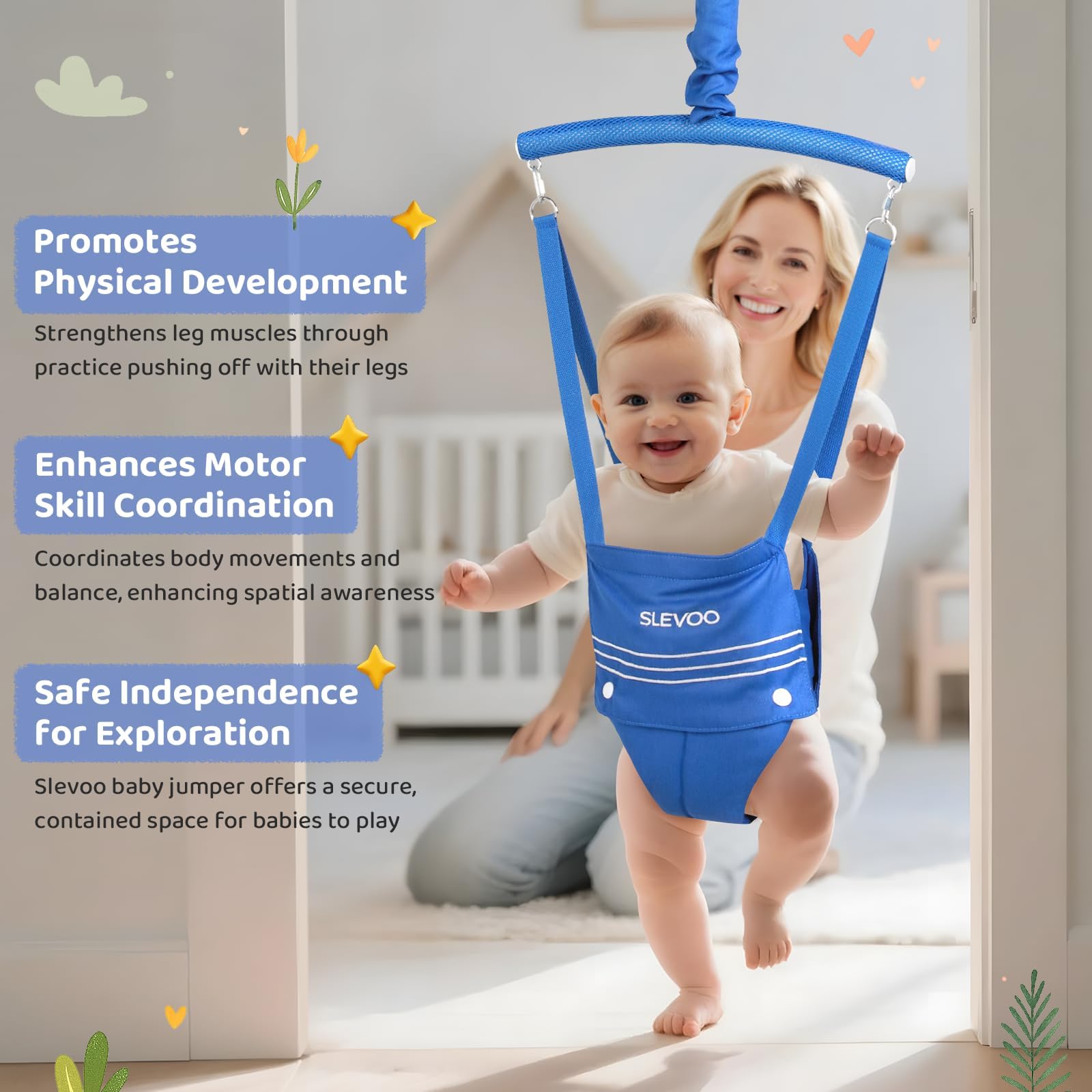 Black baby bouncer jumper installed in a standard doorway