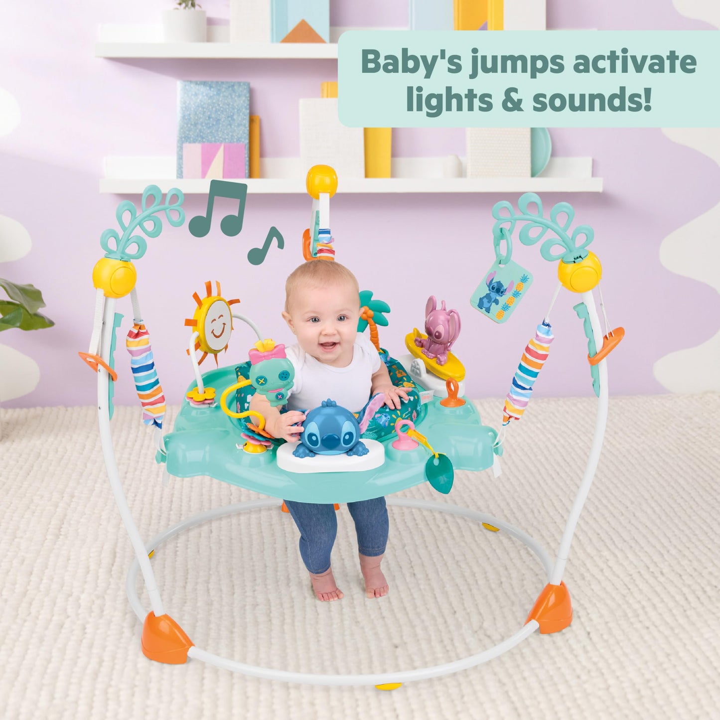 Stitch and Angel interactive toys on activity jumper