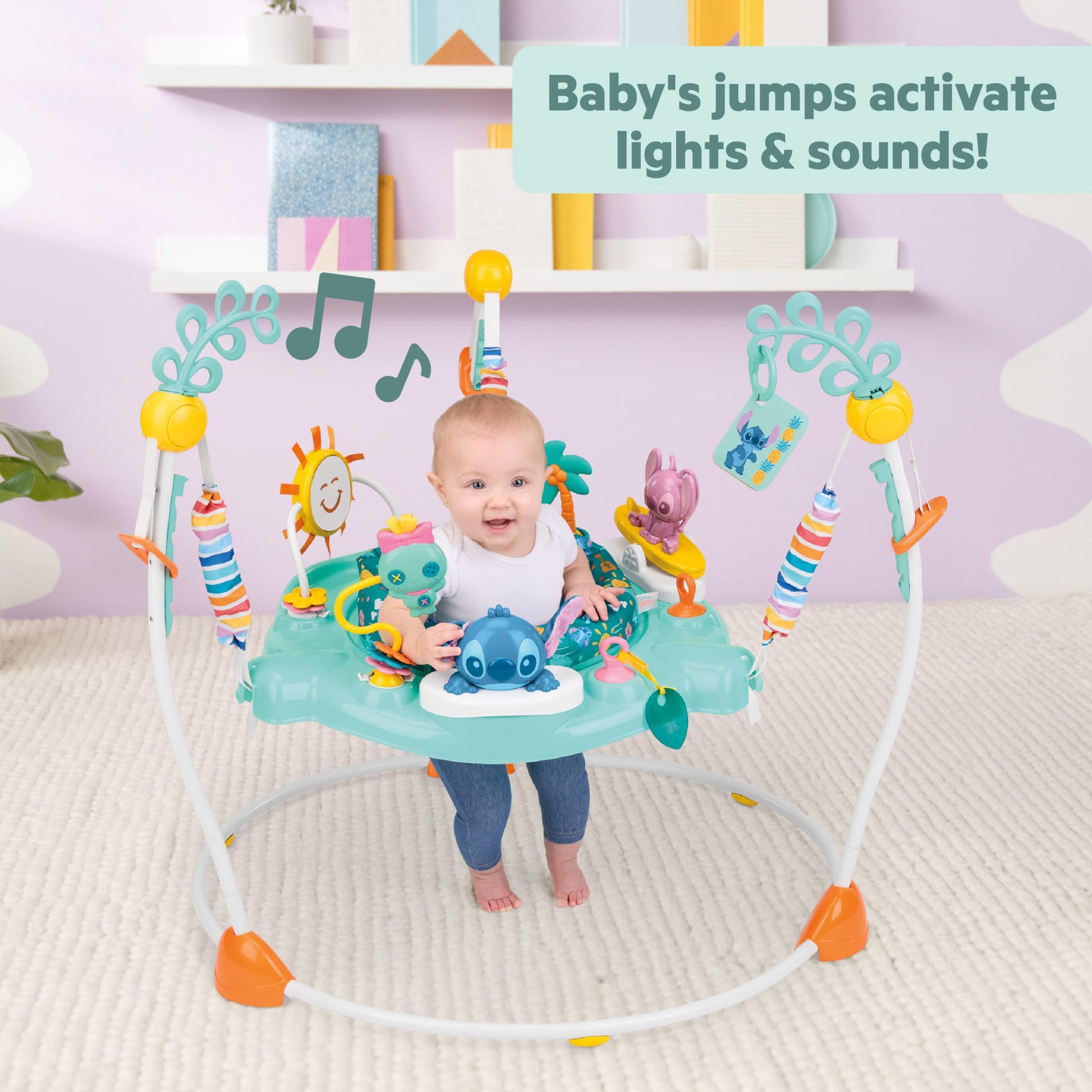 Stitch and Angel interactive toys on activity jumper