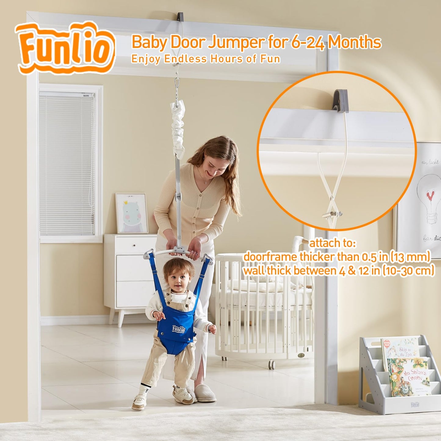 Funlio infant bouncer attached to doorway showing spring