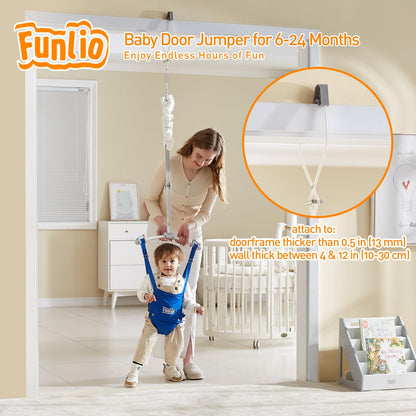 Funlio infant bouncer attached to doorway showing spring