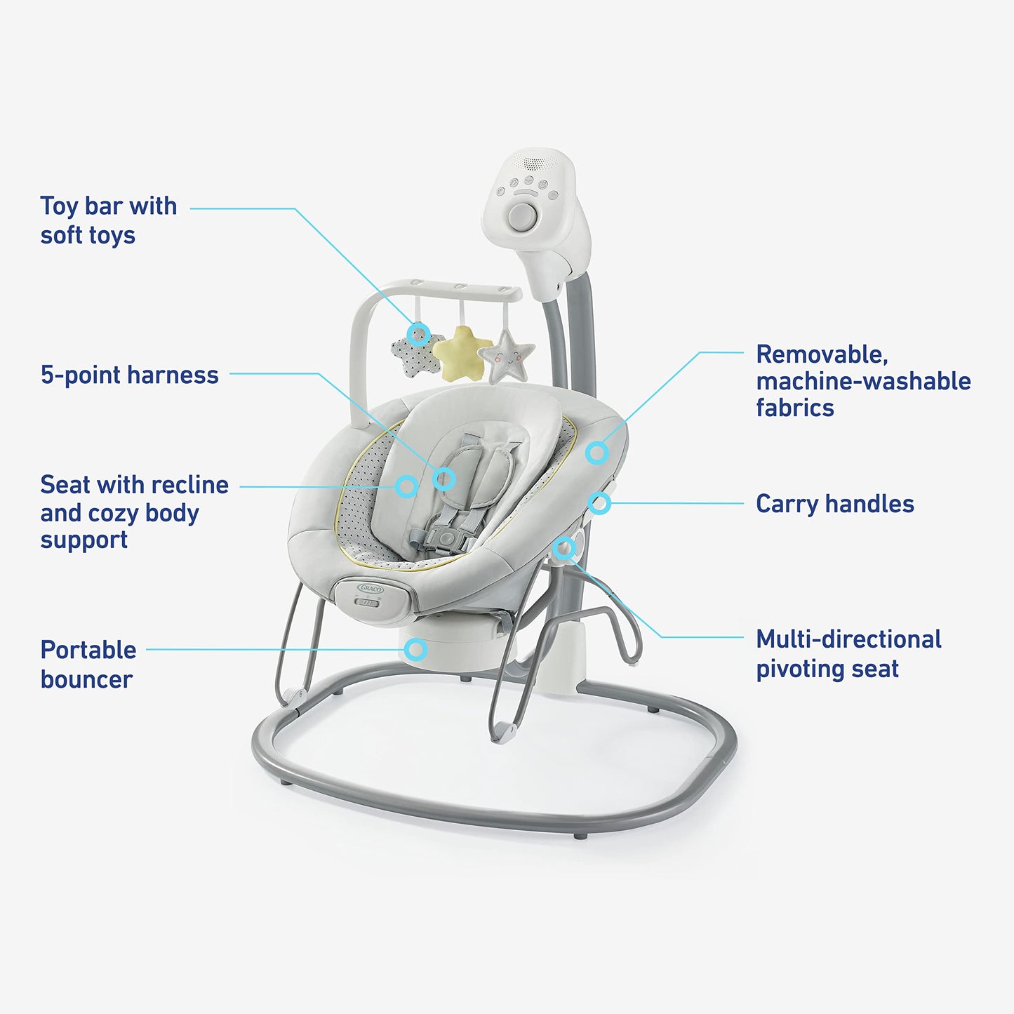 Graco Sway2Me baby swing in use showing multi-directional motion