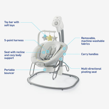 Graco Sway2Me baby swing in use showing multi-directional motion