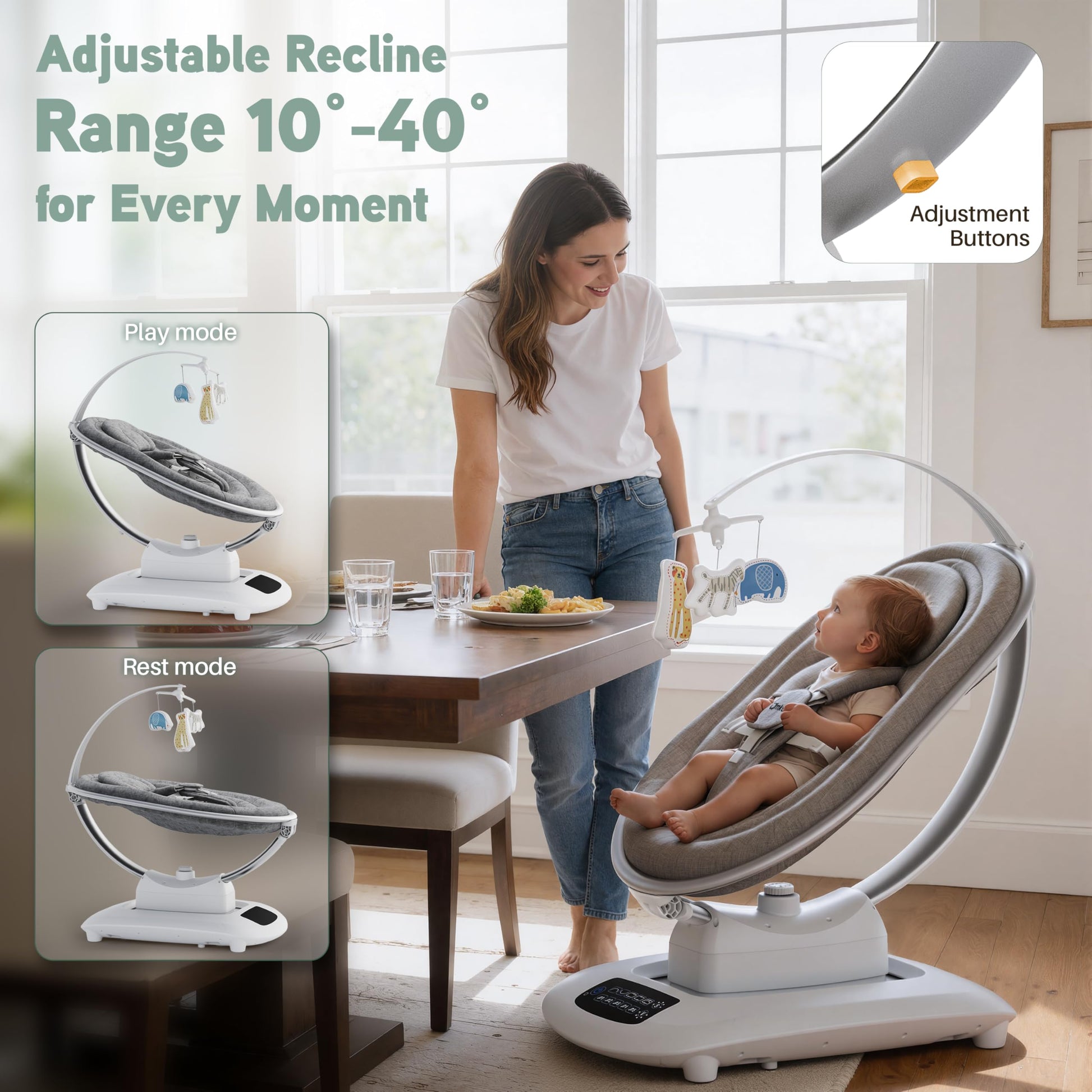 Side view of Amke electric baby rocker showing stable aluminum frame