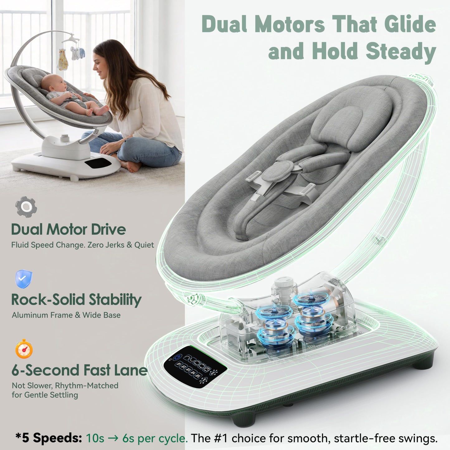 Detail of Amke baby rocker motor and quiet operation feature