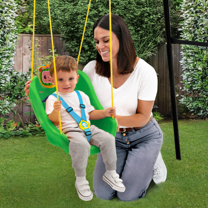 Close up view of the removable three point safety harness on the baby swing seat.