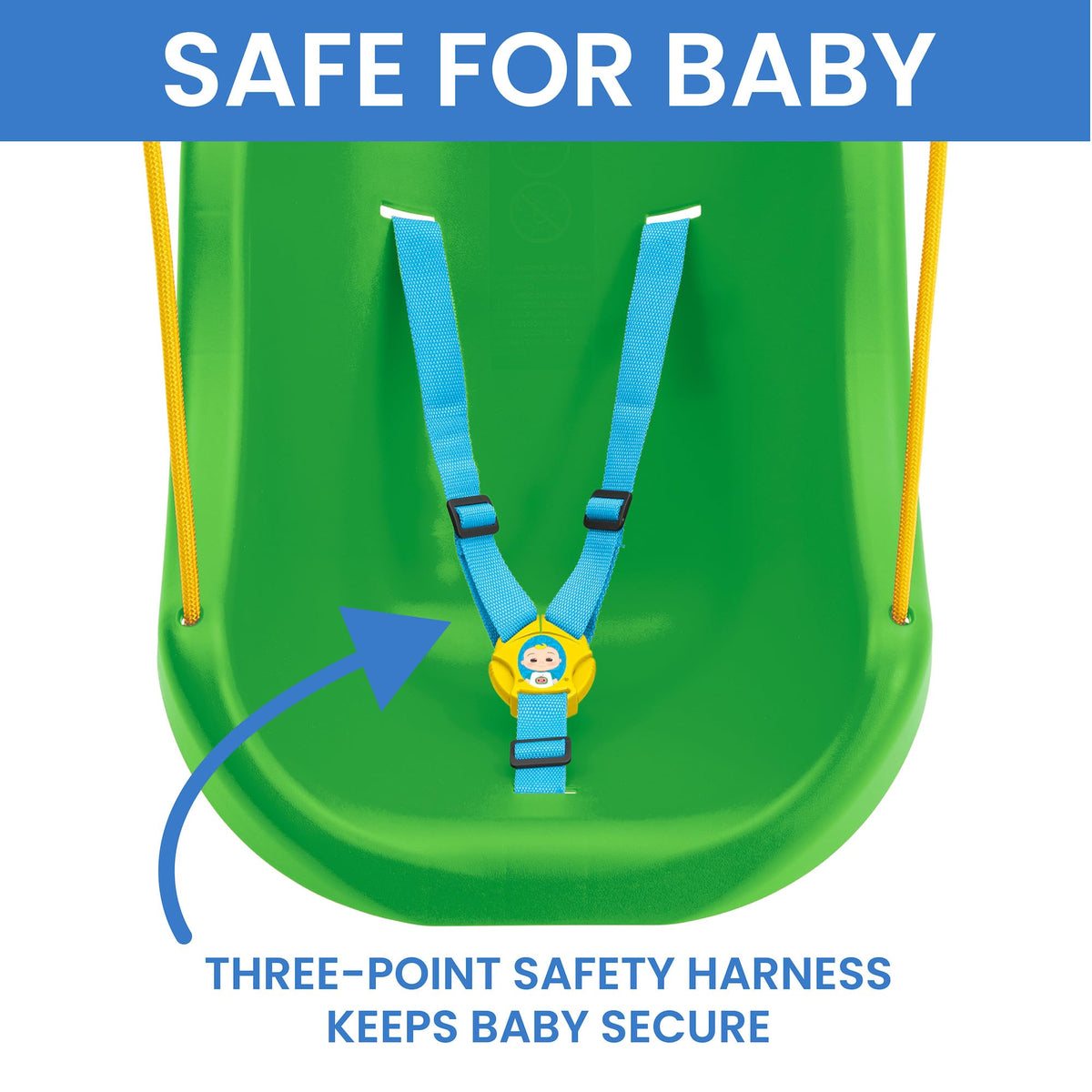 Demonstration of the three-point safety harness attached on the Disney Minnie Mouse swing