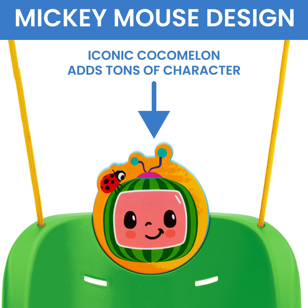 Full length view showing the hanging ropes and overall height of the Minnie Mouse swing