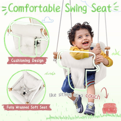 Toddler sitting in beige wooden canvas baby swing