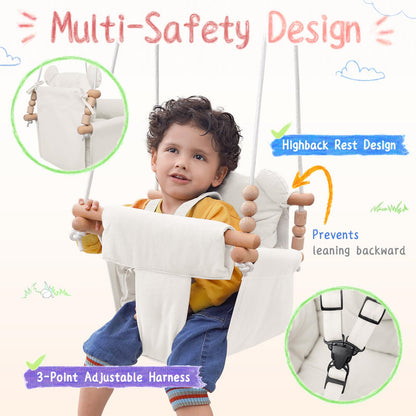 Close up of 3-point safety harness on baby swing seat