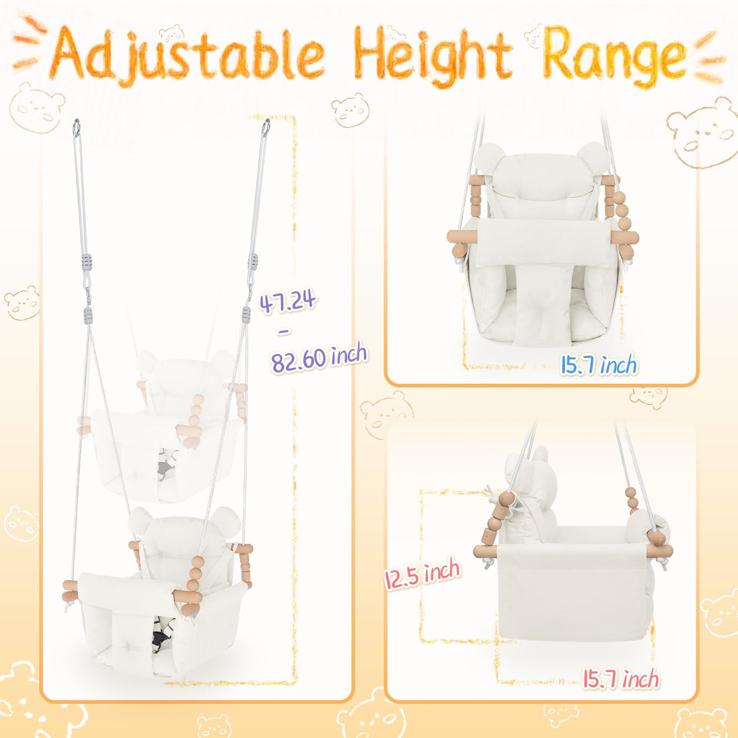 Side profile of Happy Pie wooden swing with padded cushions