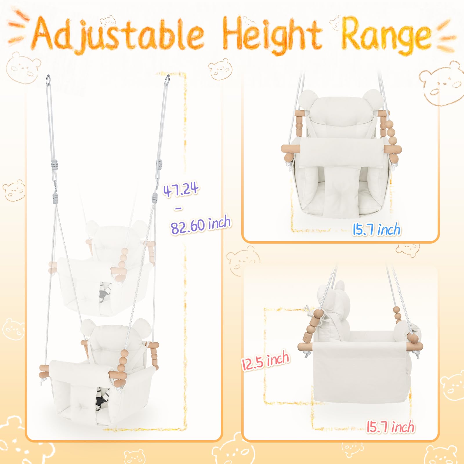 Side profile of Happy Pie wooden swing with padded cushions