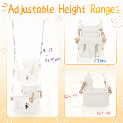 Side profile of Happy Pie wooden swing with padded cushions