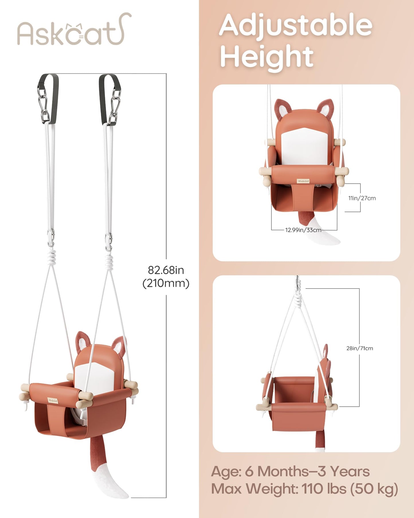 Close up of fox themed wooden infant seat details