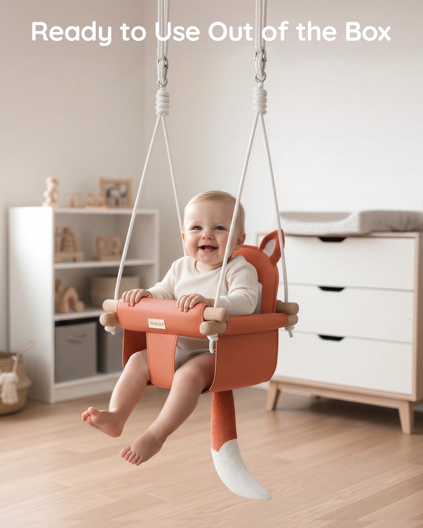 Adjustable height baby swing hanging in outdoor garden