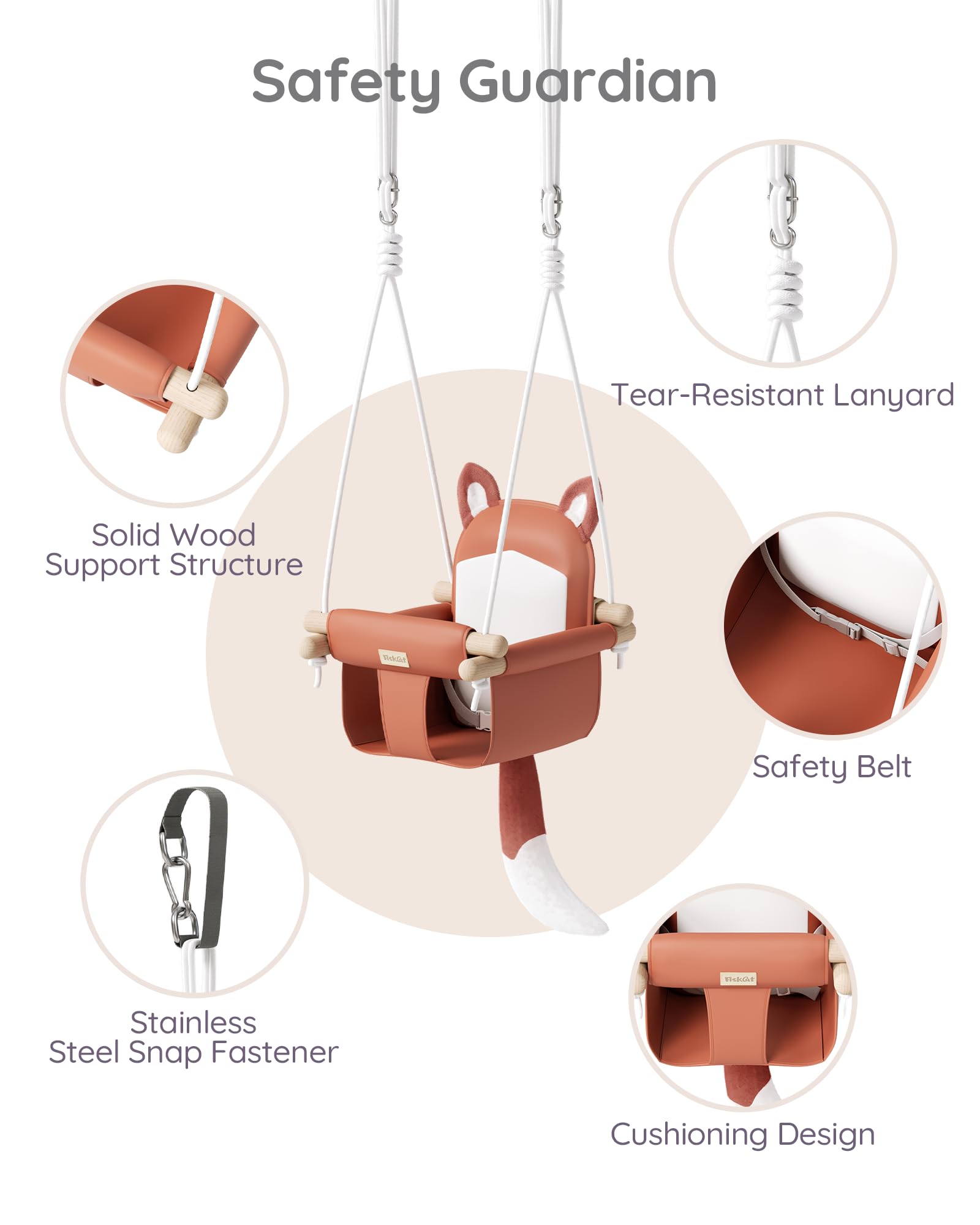 Side profile of red wooden baby swing with safety belt