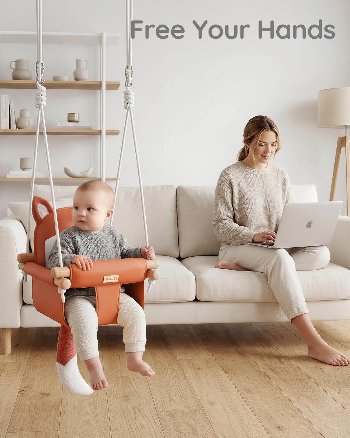 Detailed view of safety belt on wooden toddler swing