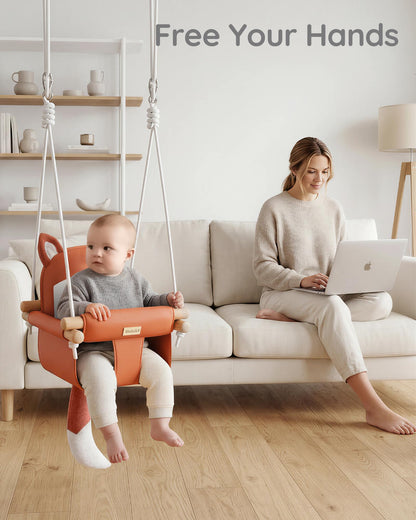 Detailed view of safety belt on wooden toddler swing
