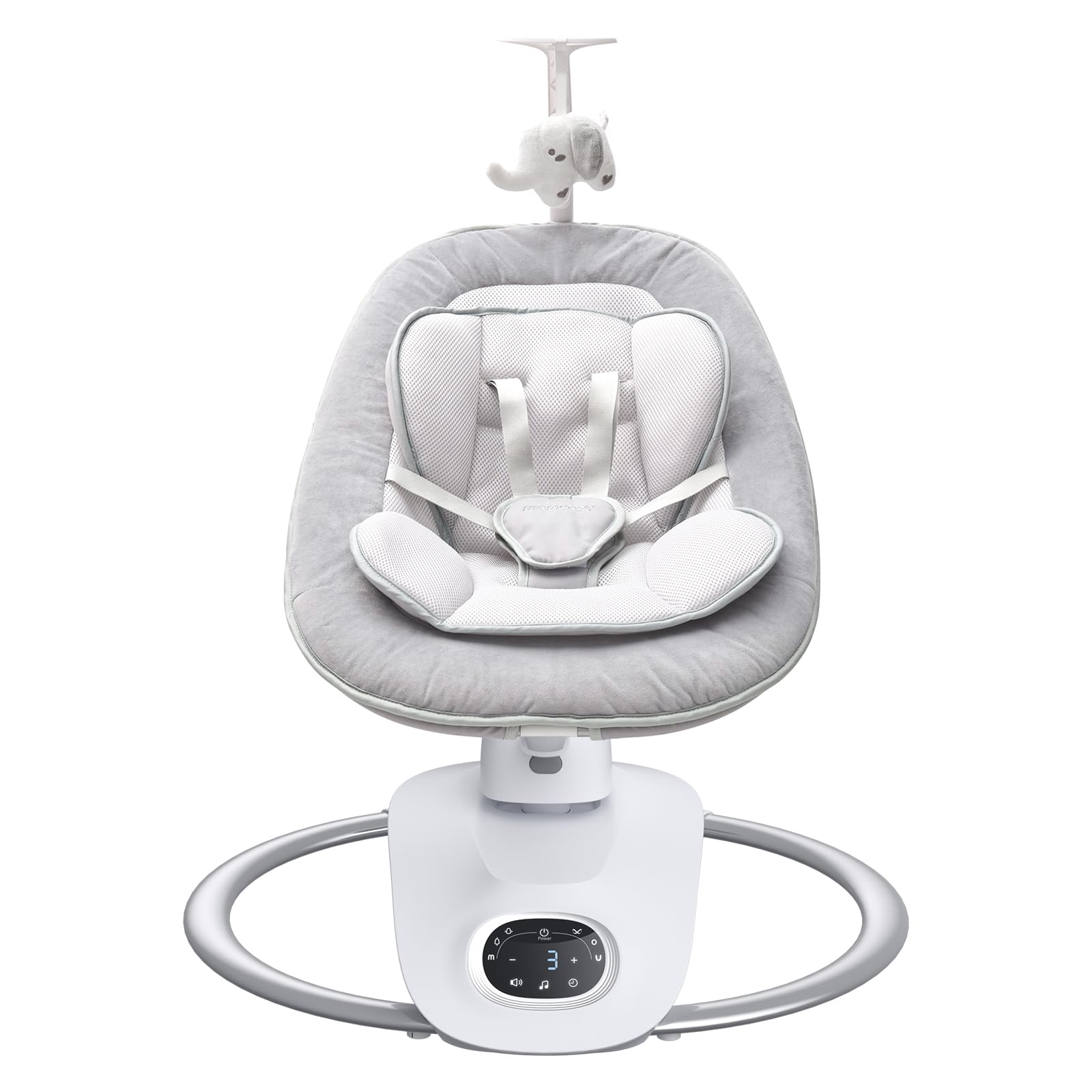 Momcozy baby swing sleep pad installed in 5-point harness swing