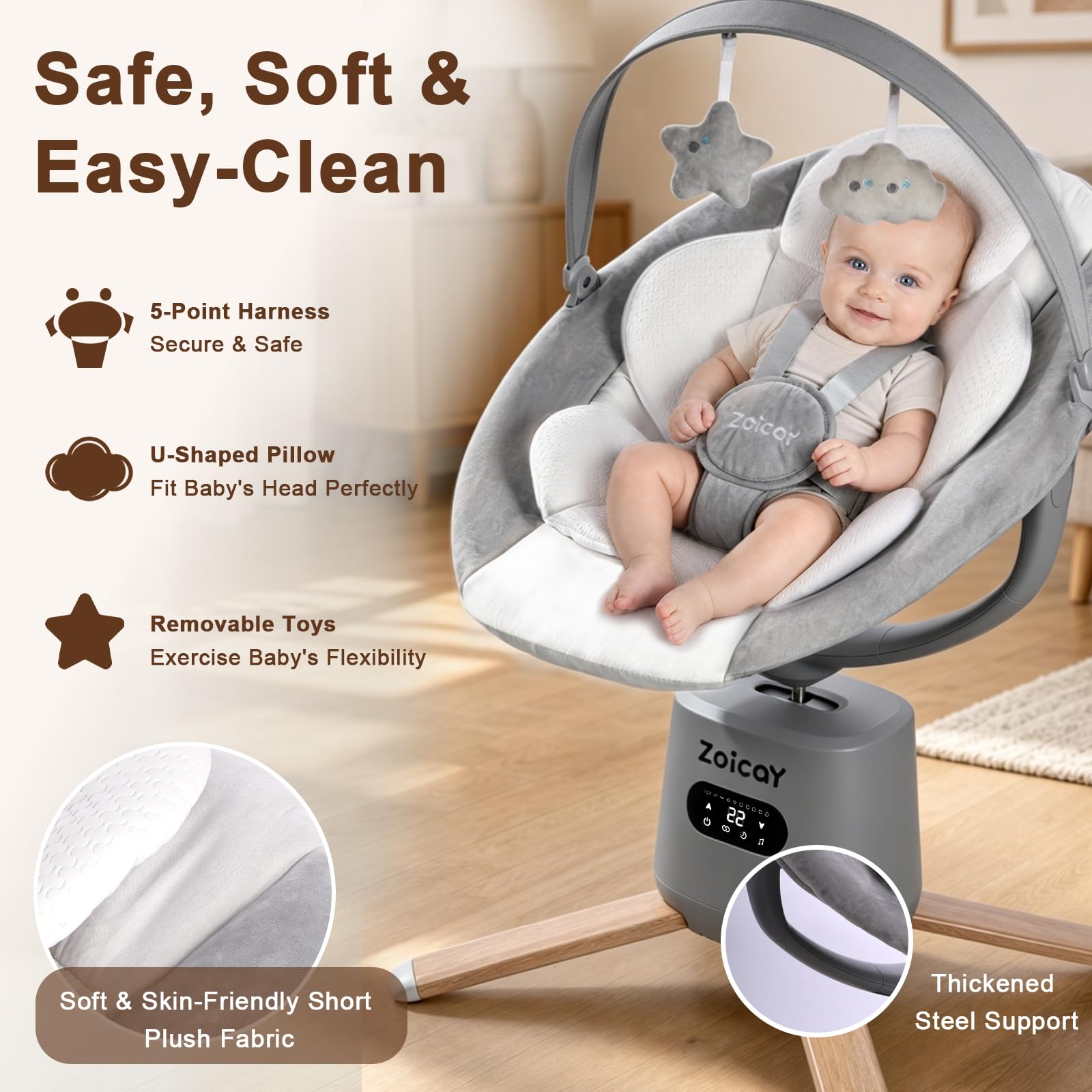 Comfortable 5-point harness safety feature on Zoicay swing