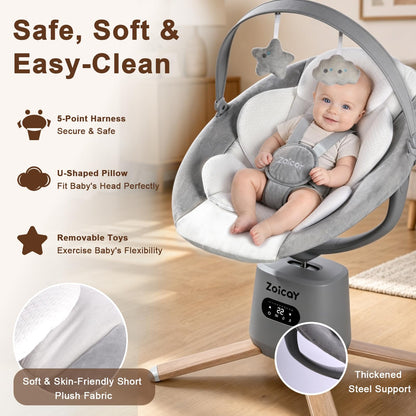 Comfortable 5-point harness safety feature on Zoicay swing