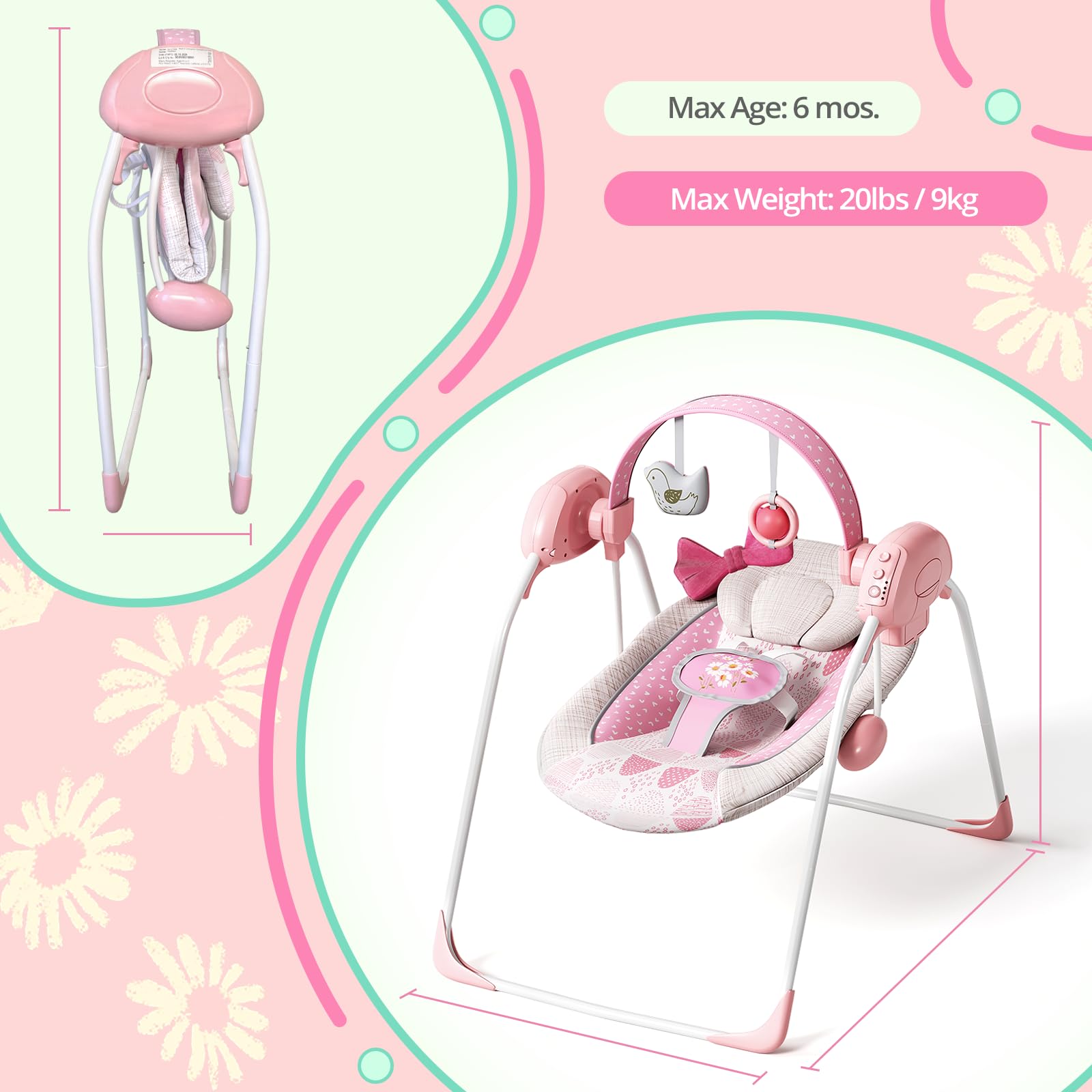 Surbowbaby pink infant swing with toy bar