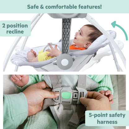 Foldable baby swing mechanism showing compact design