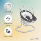 Joie Miso 2-in-1 rocker angled view highlighting the recline positions