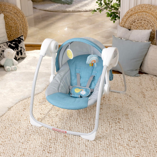 Side profile of Ingenuity Sun Valley baby swing with canopy extended