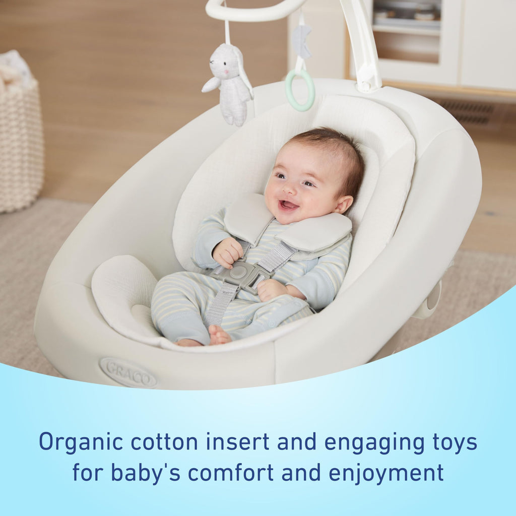 Close-up of the organic cotton infant body support insert inside the swing