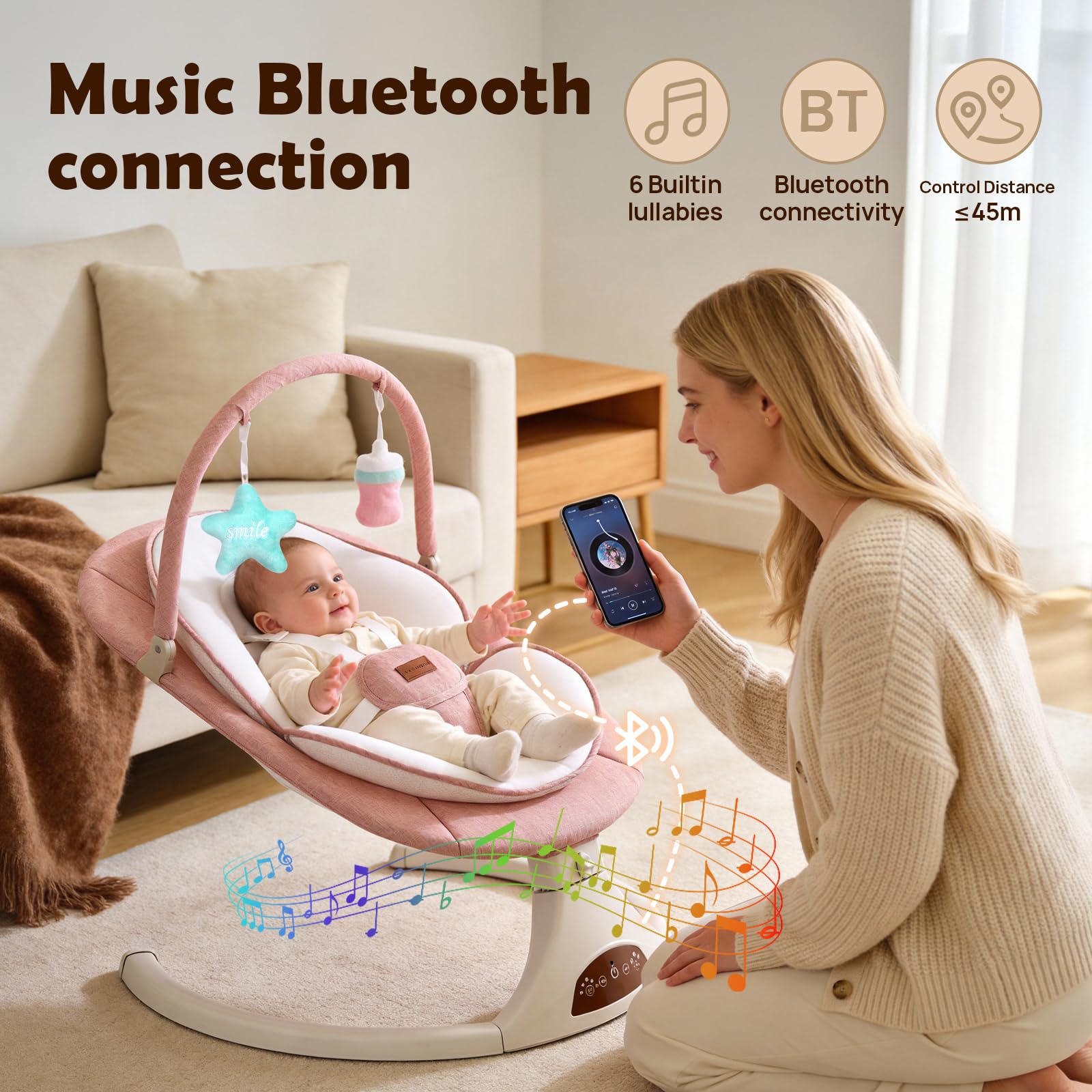 Pink portable baby swing with 5-point safety harness