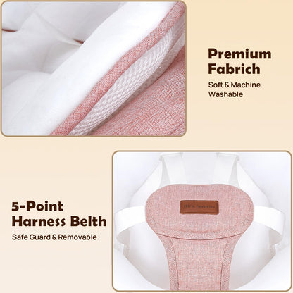 Close up of 5-point harness on pink infant swing