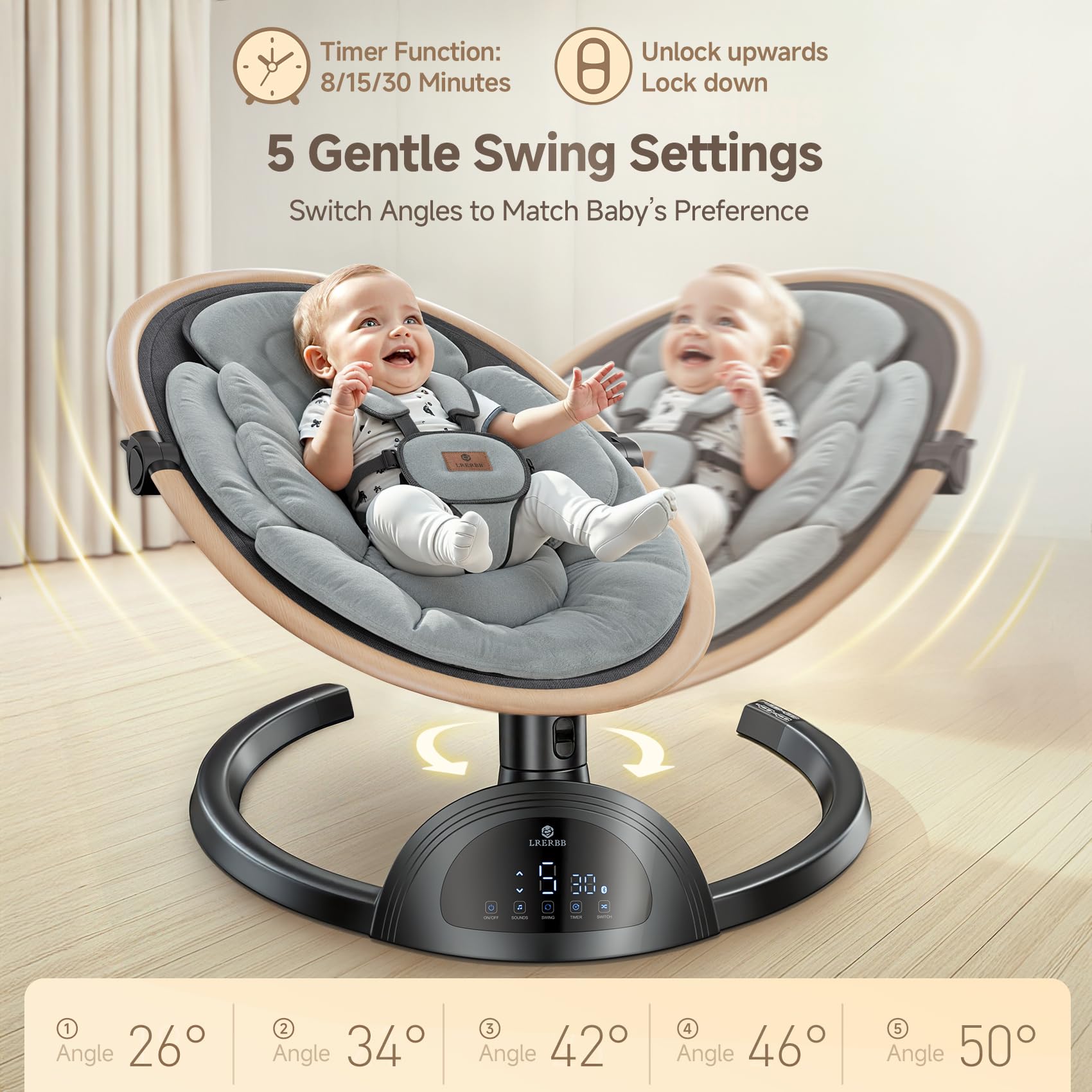 LrerBB infant swing with toy bar and hanging plush toys