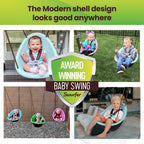 Child enjoying the Swurfer Kiwi Toddler Swing installed on an outdoor backyard swing set.