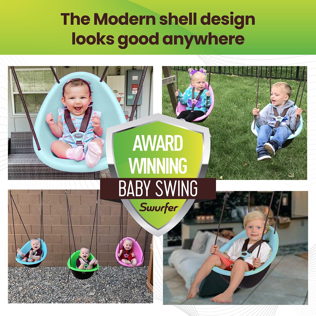 Child enjoying the Swurfer Kiwi Toddler Swing installed on an outdoor backyard swing set.